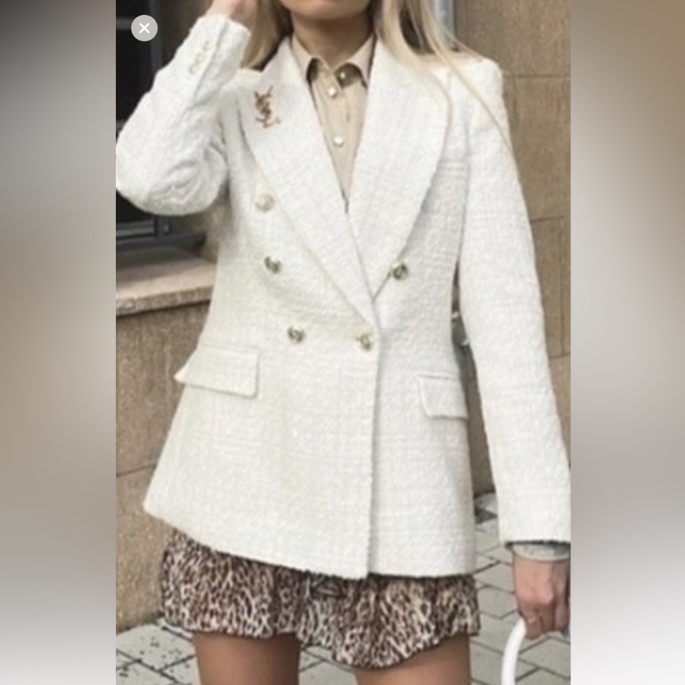 ZARA ECRU GOLD BUTTON DBL BREASTED BLAZER BLOGGERS FAVE KATE MIDDLETON TWEED XS - Picture 6 of 13